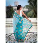 Women's Linen Printed Saree With Unstitched Blouse 5.5Mtr (Aqua)