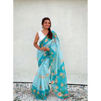 Women's Linen Printed Saree With Unstitched Blouse 5.5Mtr (Aqua)