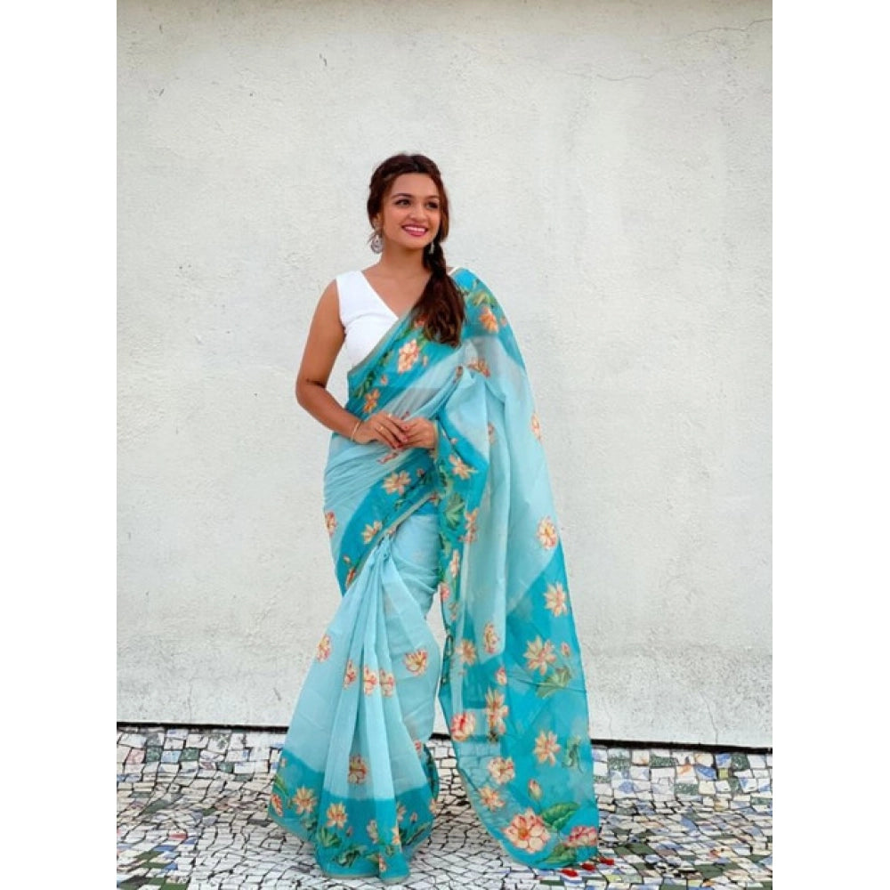 Women's Linen Printed Saree With Unstitched Blouse 5.5Mtr (Aqua)