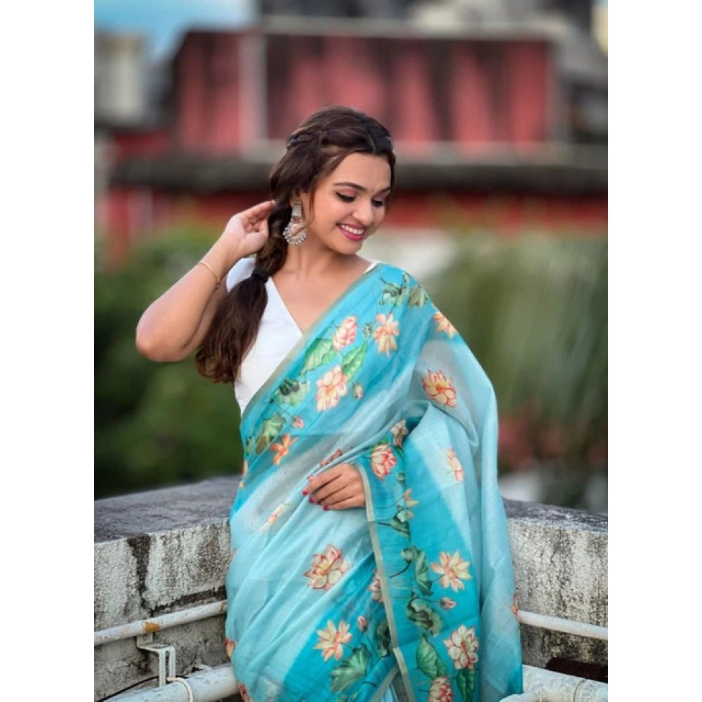 Women's Linen Printed Saree With Unstitched Blouse 5.5Mtr (Aqua)