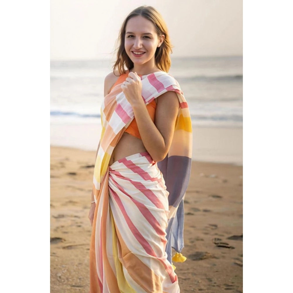 Women's Linen Printed Saree With Unstitched Blouse 5.5Mtr (Yellow)