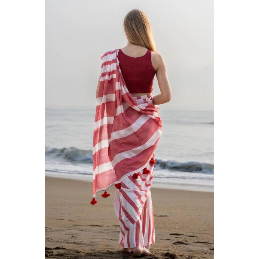 Women's Linen Printed Saree With Unstitched Blouse 5.5Mtr (Red)