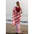 Women's Linen Printed Saree With Unstitched Blouse 5.5Mtr (Red)