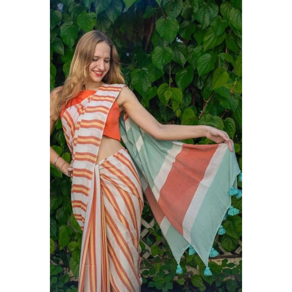 Women's Linen Printed Saree With Unstitched Blouse 5.5Mtr (Orange)
