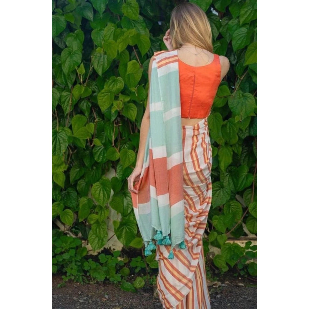 Women's Linen Printed Saree With Unstitched Blouse 5.5Mtr (Orange)