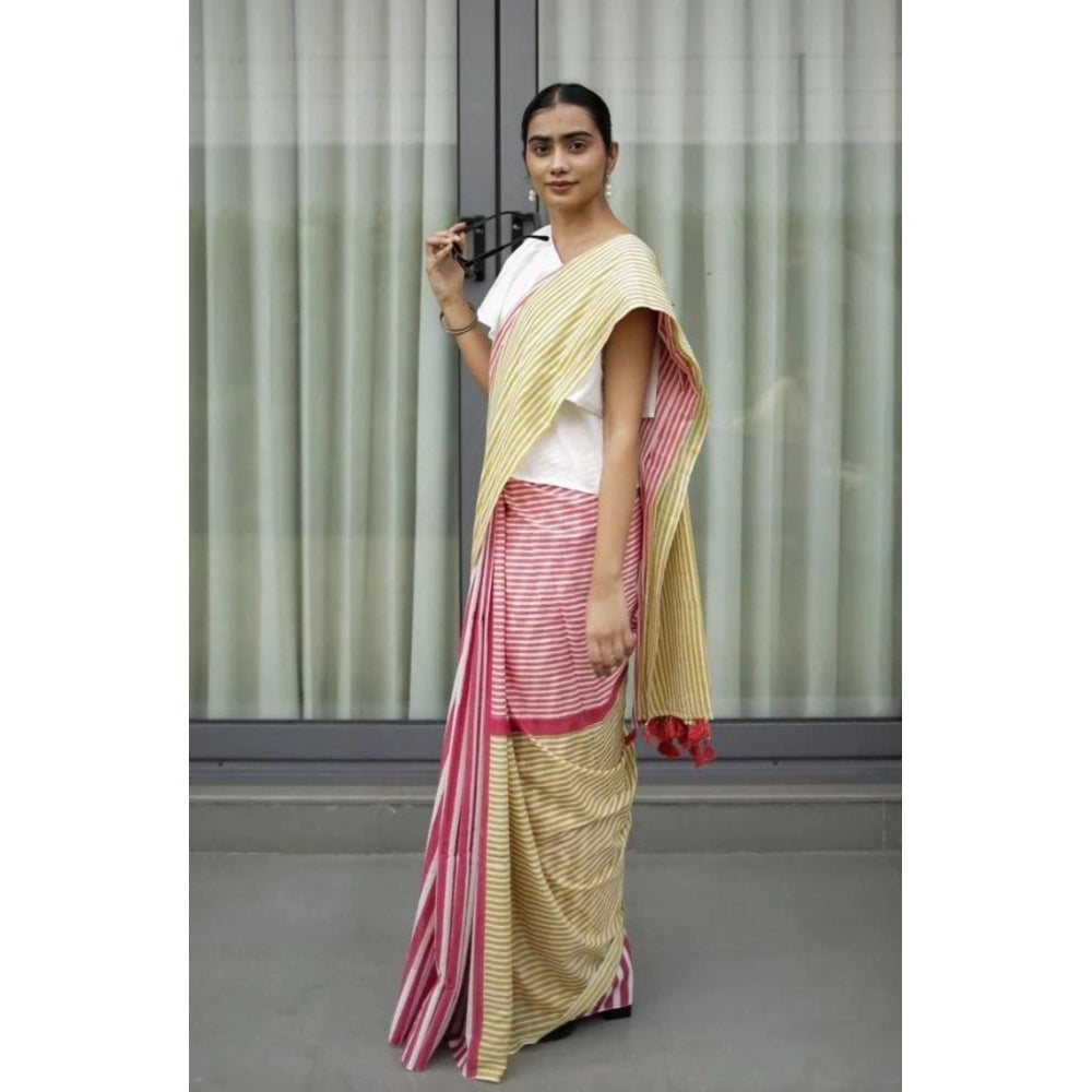 Women's Linen Printed Saree With Unstitched Blouse 5.5Mtr (Yellow)