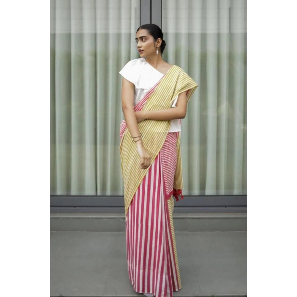 Women's Linen Printed Saree With Unstitched Blouse 5.5Mtr (Yellow)