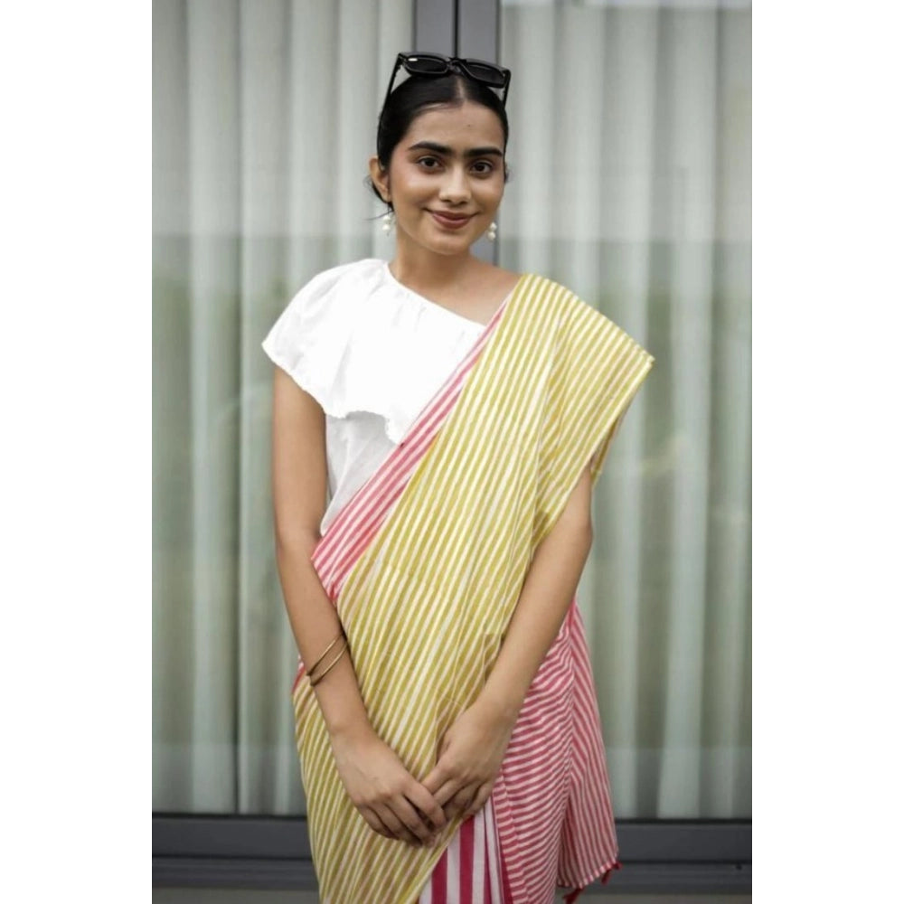 Women's Linen Printed Saree With Unstitched Blouse 5.5Mtr (Yellow)