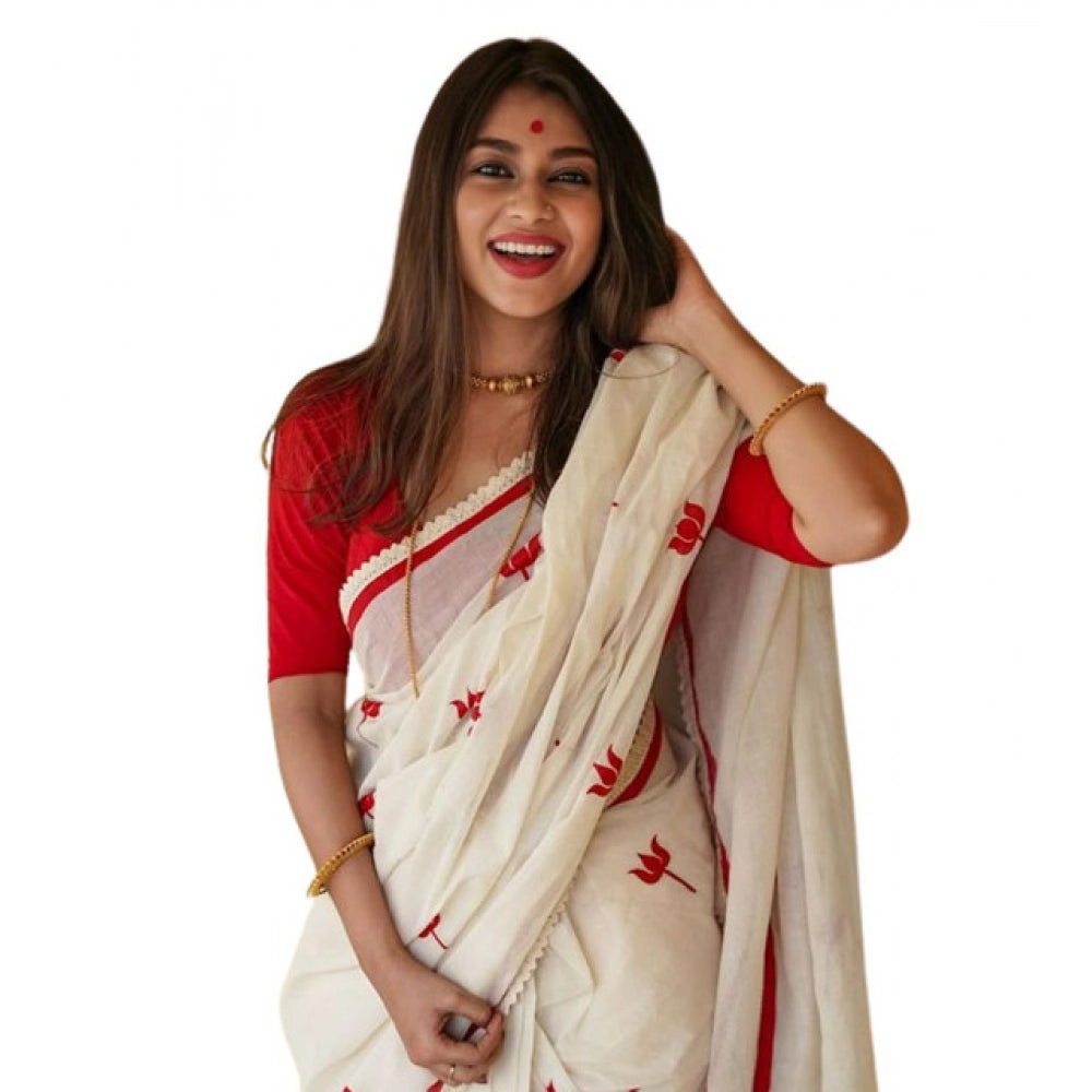 Women's Linen Printed Saree With Unstitched Blouse 5.5Mtr (White)