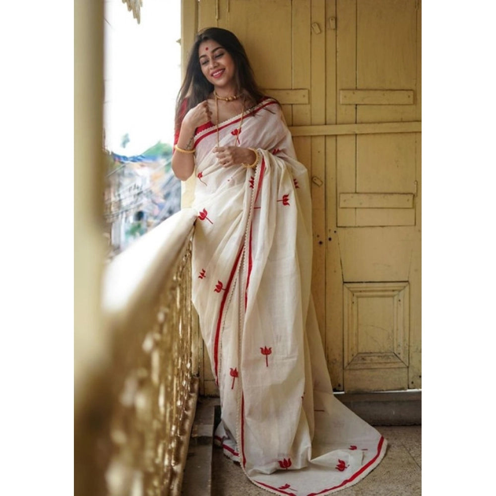 Women's Linen Printed Saree With Unstitched Blouse 5.5Mtr (White)