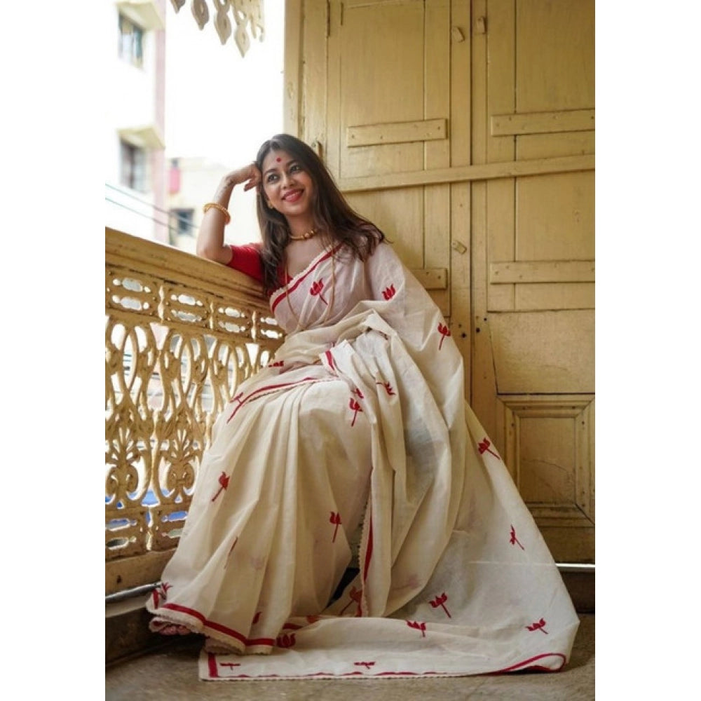 Women's Linen Printed Saree With Unstitched Blouse 5.5Mtr (White)