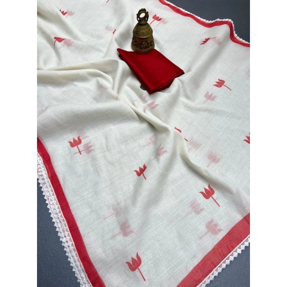 Women's Linen Printed Saree With Unstitched Blouse 5.5Mtr (White)