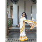 Women's Linen Printed Saree With Unstitched Blouse 5.5Mtr (White)