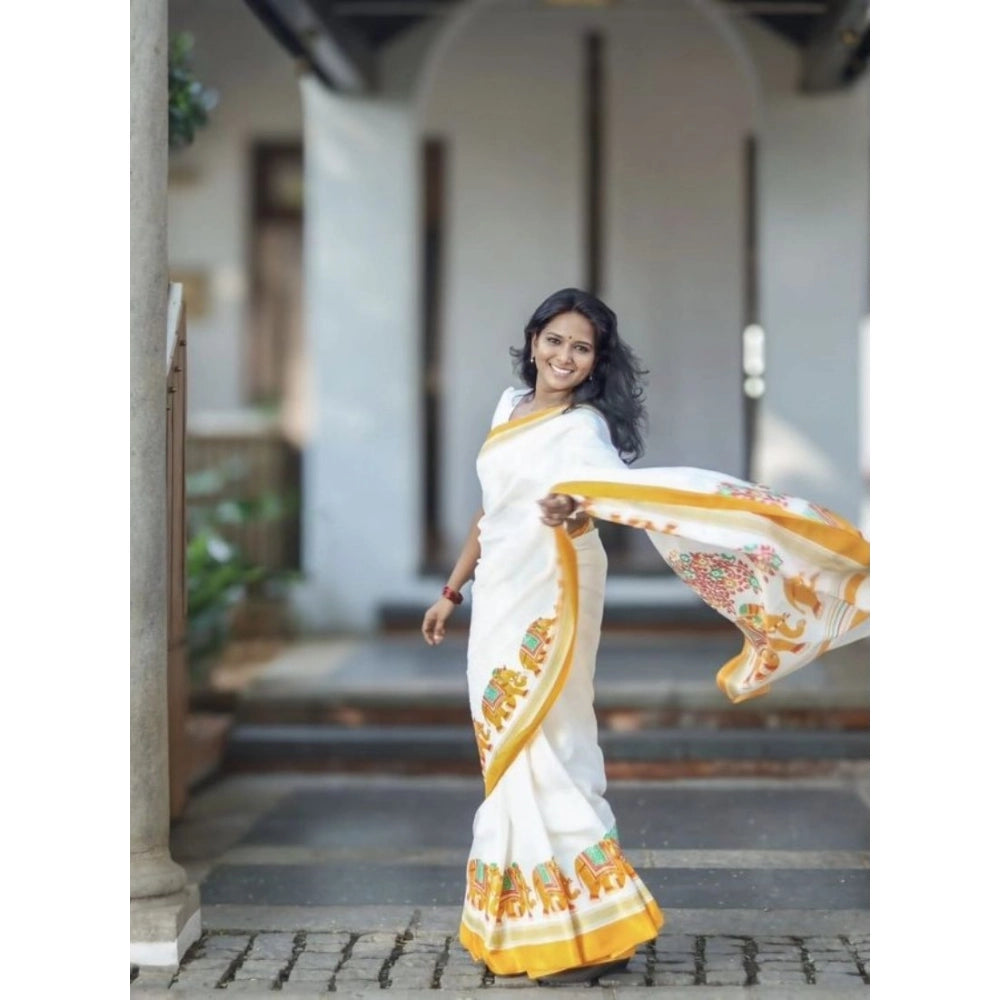 Women's Linen Printed Saree With Unstitched Blouse 5.5Mtr (White)