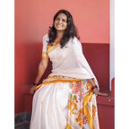 Women's Linen Printed Saree With Unstitched Blouse 5.5Mtr (White)