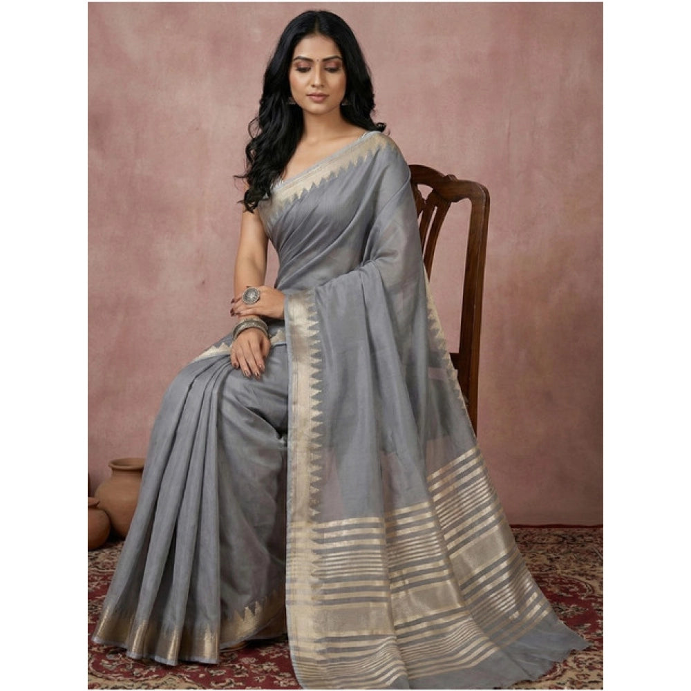 Women's Cotton Printed Saree With Unstitched Blouse 5.5Mtr (Gray)