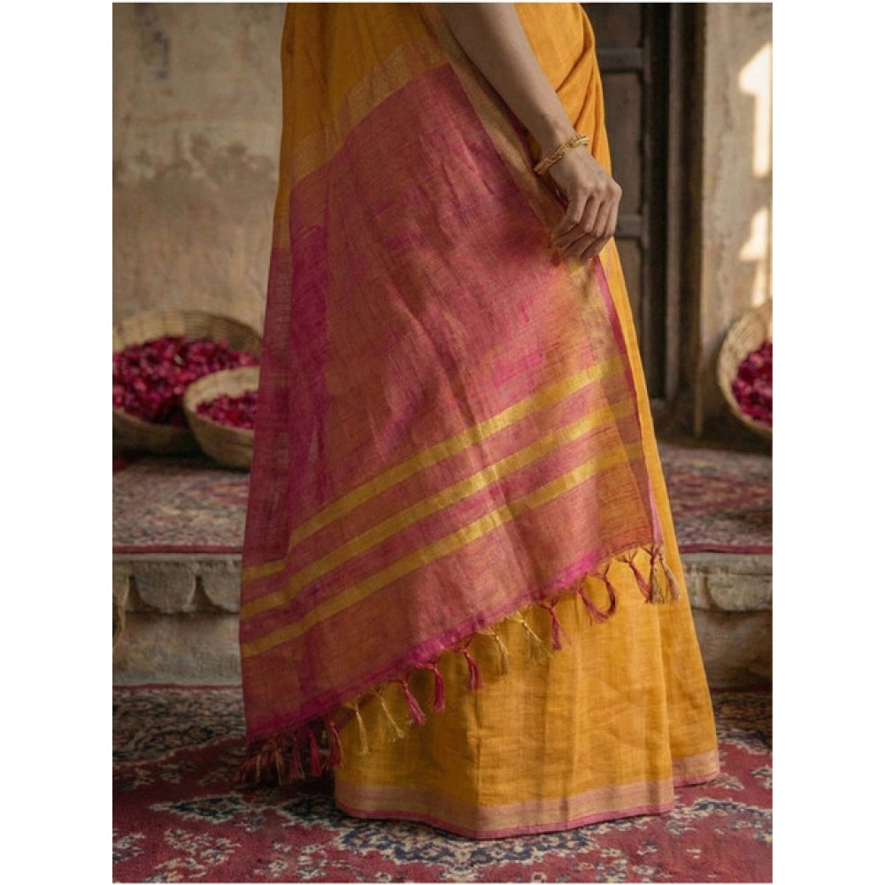 Women's Cotton Printed Saree With Unstitched Blouse 5.5Mtr (Yellow)