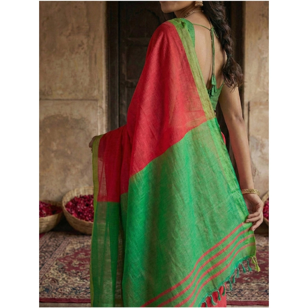 Women's Cotton Printed Saree With Unstitched Blouse 5.5Mtr (Red)