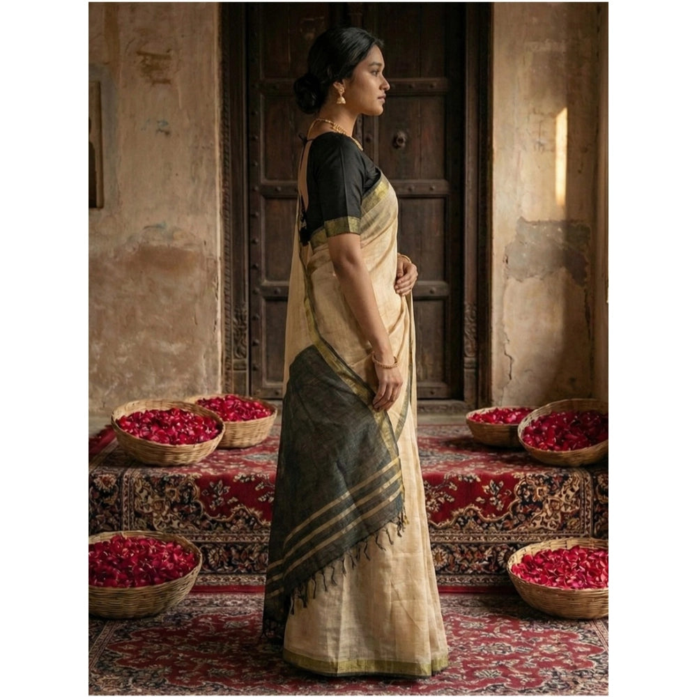 Women's Cotton Printed Saree With Unstitched Blouse 5.5Mtr (Beige)