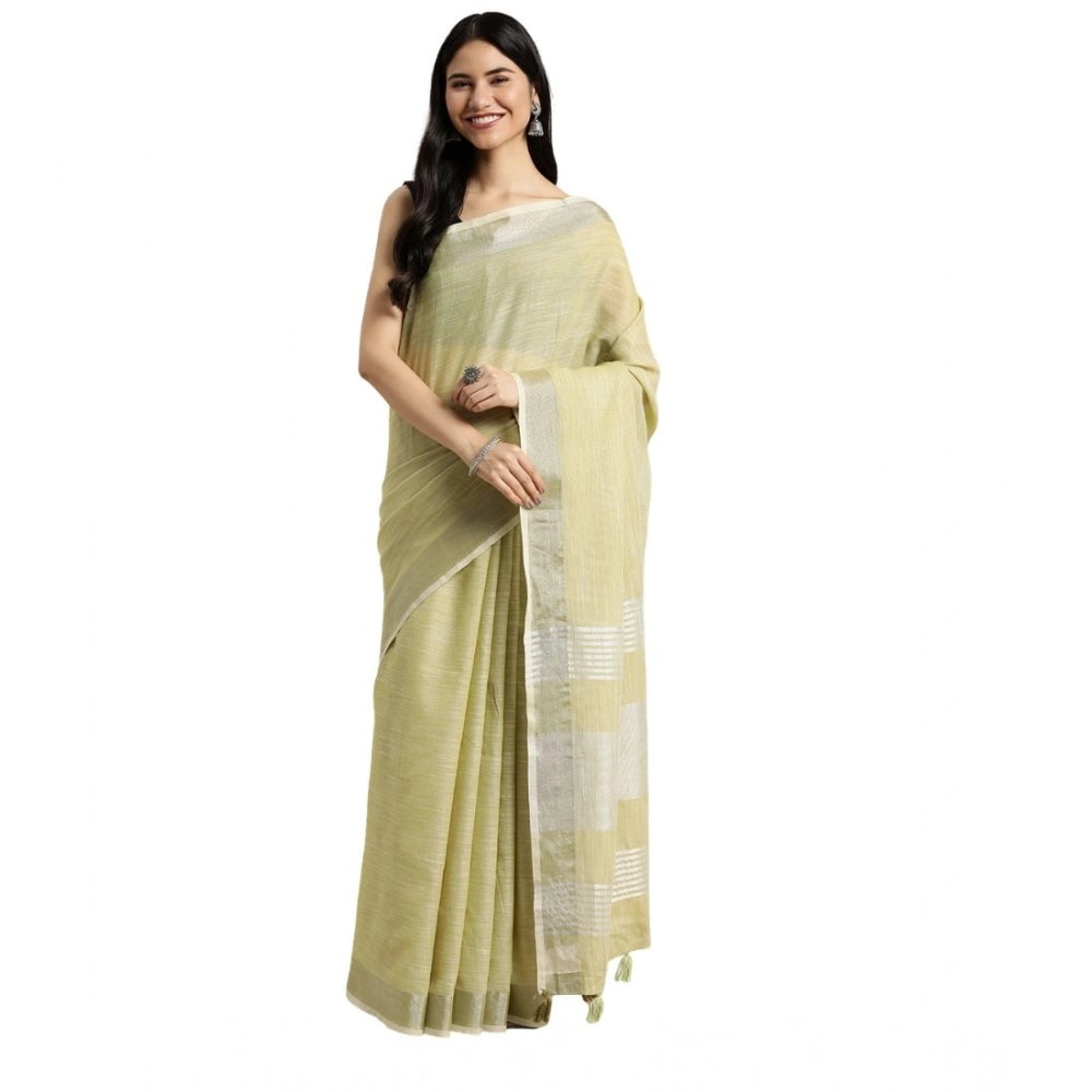 Women's Linen Cotton Printed Saree With Unstitched Blouse 5.5Mtr (Olive Green)