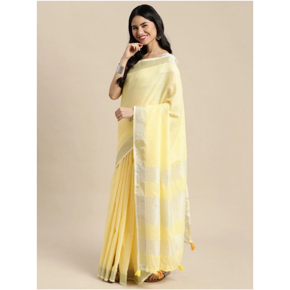 Women's Linen Cotton Printed Saree With Unstitched Blouse 5.5Mtr (Yellow)