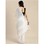 Women's Linen Cotton Printed Saree With Unstitched Blouse 5.5Mtr (White)