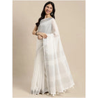 Women's Linen Cotton Printed Saree With Unstitched Blouse 5.5Mtr (White)