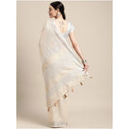 Women's Linen Cotton Printed Saree With Unstitched Blouse 5.5Mtr (Cream)