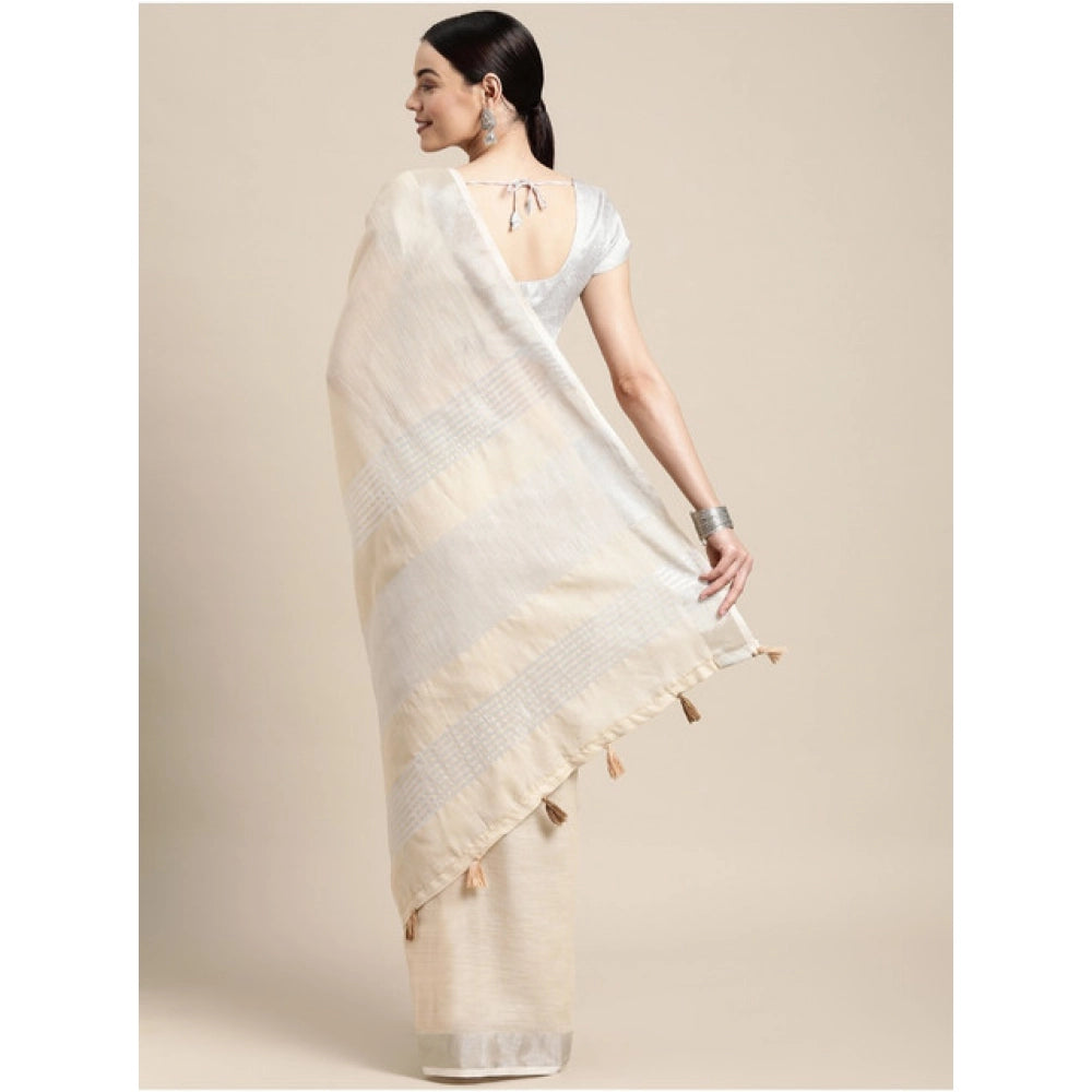Women's Linen Cotton Printed Saree With Unstitched Blouse 5.5Mtr (Cream)