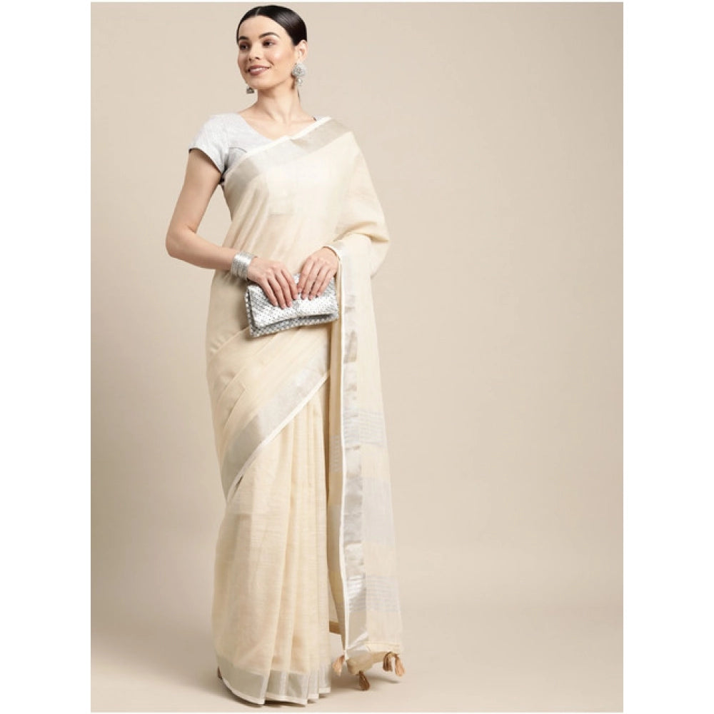 Women's Linen Cotton Printed Saree With Unstitched Blouse 5.5Mtr (Cream)
