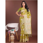 Women's Linen Cotton Printed Saree With Unstitched Blouse 5.5Mtr (Mustrad)