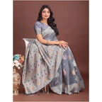 Women's Linen Cotton Printed Saree With Unstitched Blouse 5.5Mtr (Grey)