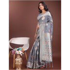 Women's Linen Cotton Printed Saree With Unstitched Blouse 5.5Mtr (Grey)