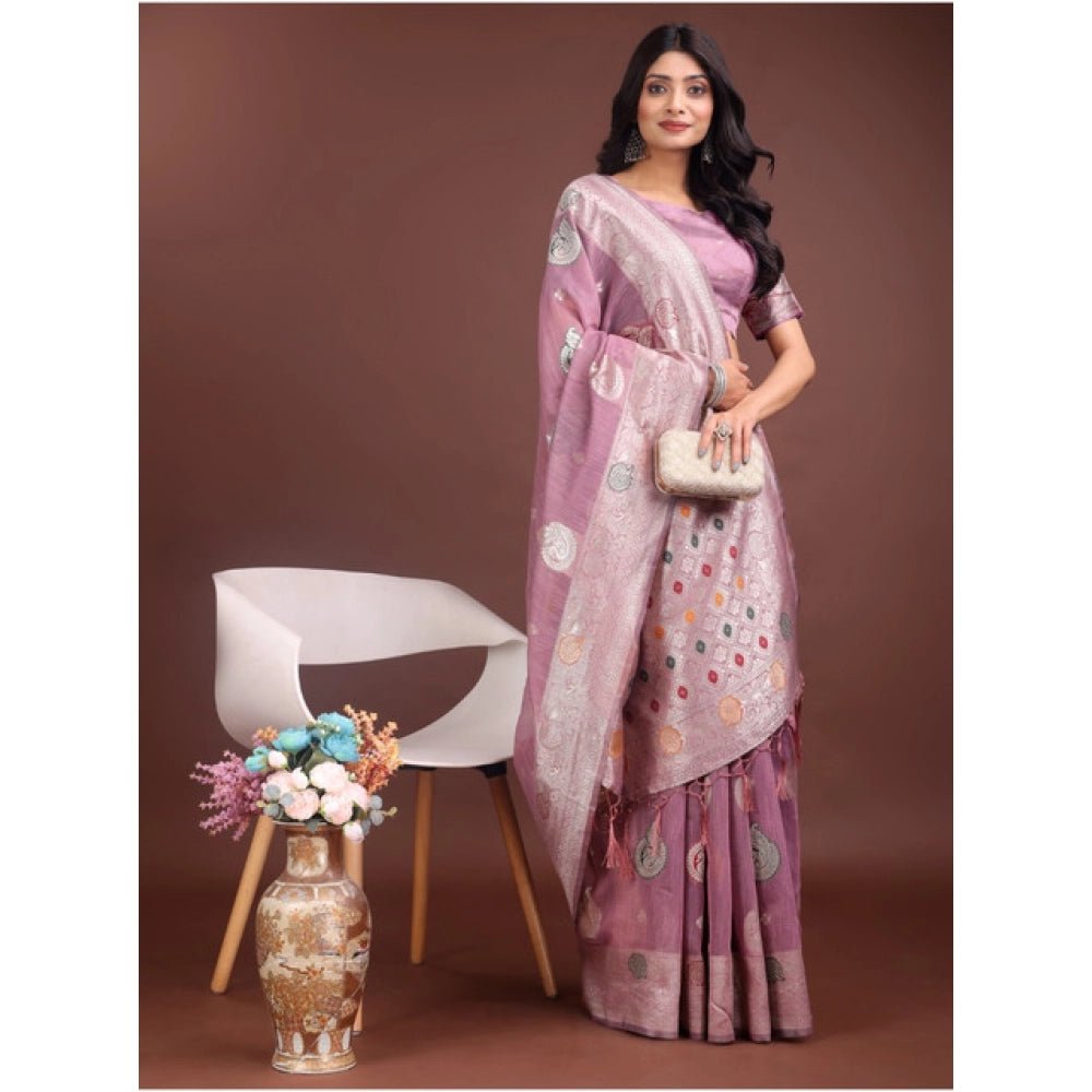 Women's Linen Cotton Printed Saree With Unstitched Blouse 5.5Mtr (Purple)