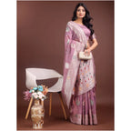 Women's Linen Cotton Printed Saree With Unstitched Blouse 5.5Mtr (Purple)