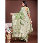 Women's Linen Cotton Printed Saree With Unstitched Blouse 5.5Mtr (Light Green)
