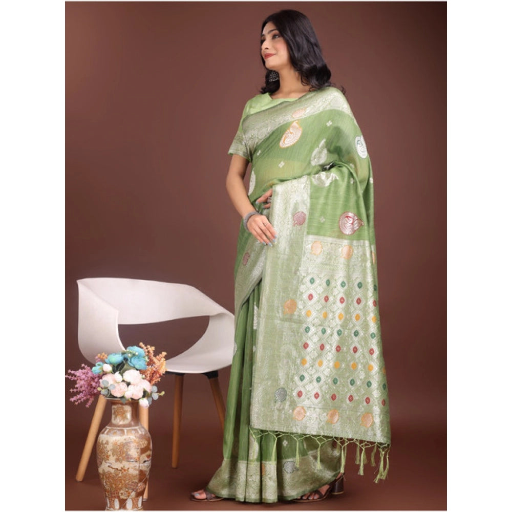 Women's Linen Cotton Printed Saree With Unstitched Blouse 5.5Mtr (Light Green)