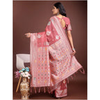 Women's Linen Cotton Printed Saree With Unstitched Blouse 5.5Mtr (Pink)