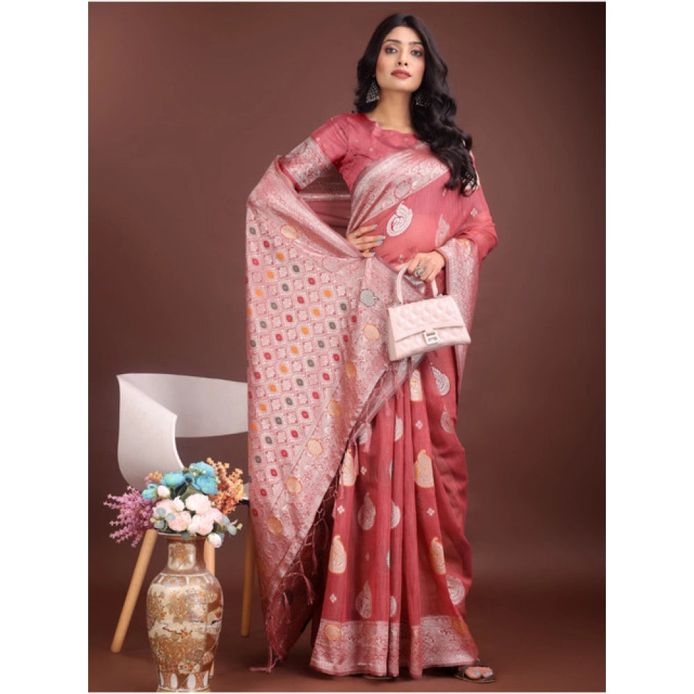 Women's Linen Cotton Printed Saree With Unstitched Blouse 5.5Mtr (Pink)
