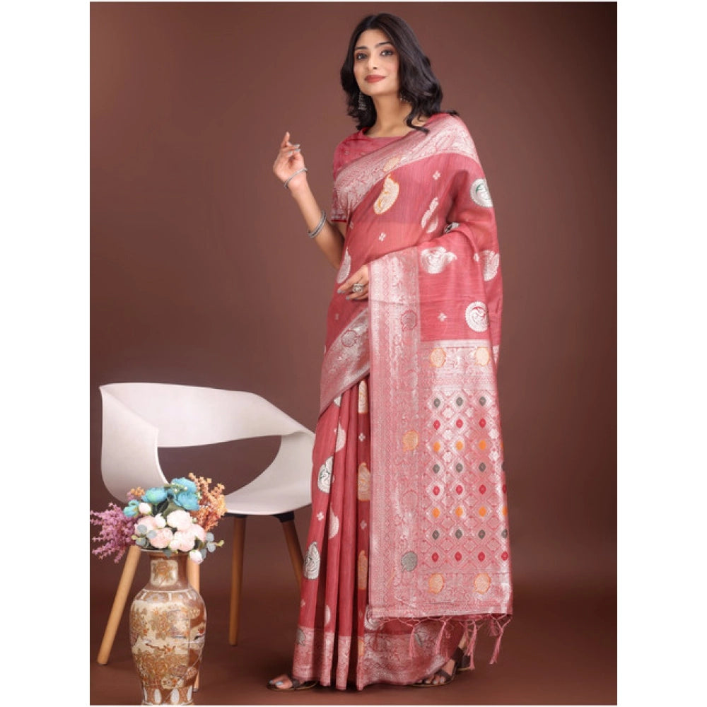 Women's Linen Cotton Printed Saree With Unstitched Blouse 5.5Mtr (Pink)