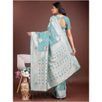 Women's Linen Cotton Printed Saree With Unstitched Blouse 5.5Mtr (Sea Green)