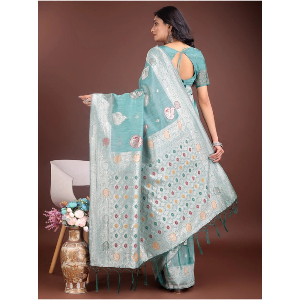 Women's Linen Cotton Printed Saree With Unstitched Blouse 5.5Mtr (Sea Green)