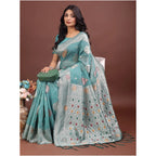 Women's Linen Cotton Printed Saree With Unstitched Blouse 5.5Mtr (Sea Green)