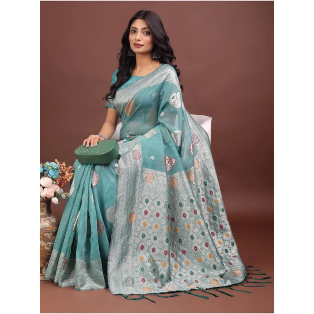 Women's Linen Cotton Printed Saree With Unstitched Blouse 5.5Mtr (Sea Green)