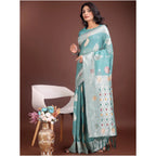 Women's Linen Cotton Printed Saree With Unstitched Blouse 5.5Mtr (Sea Green)