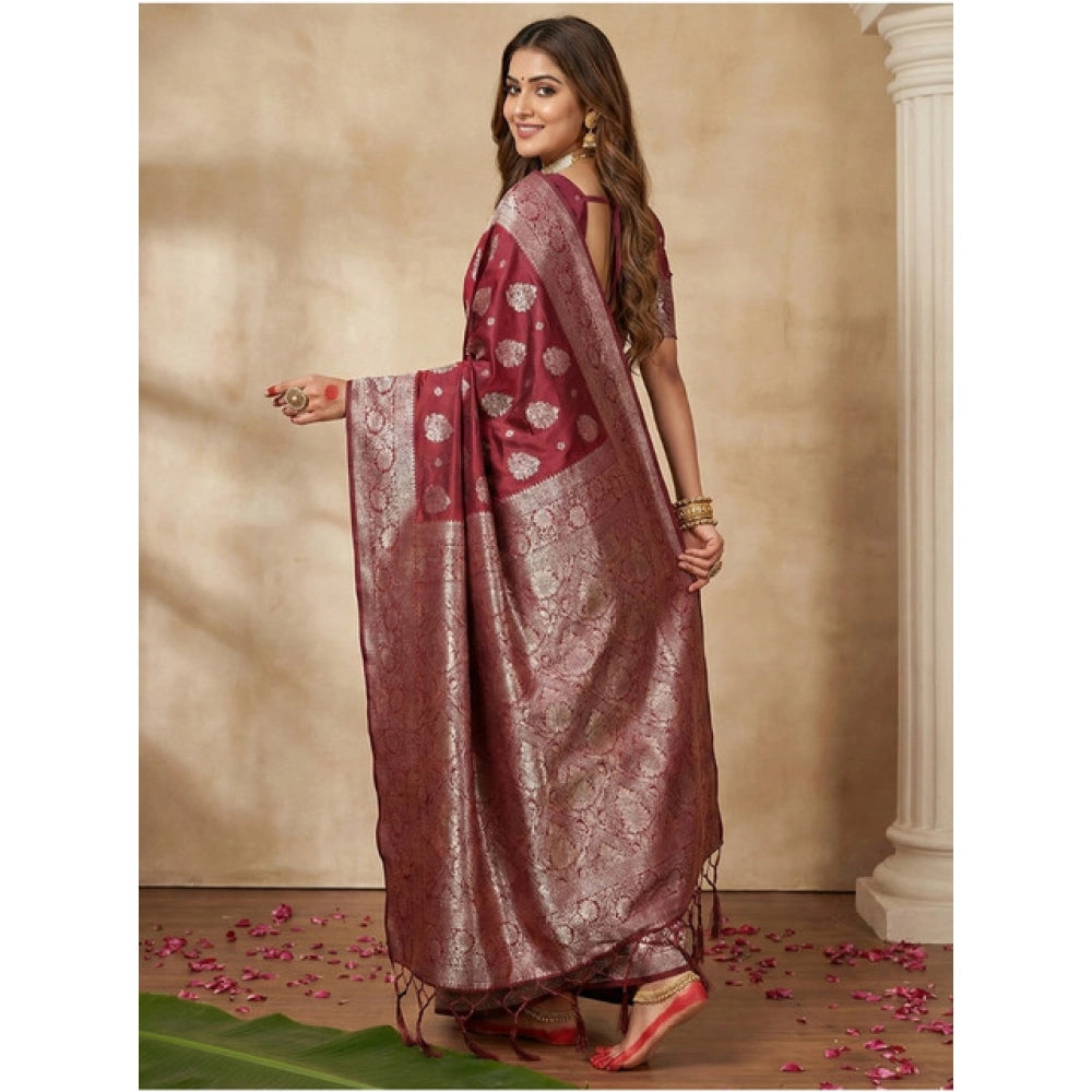 Women's Silk Blend Printed Saree With Unstitched Blouse 5.5Mtr (Maroon)