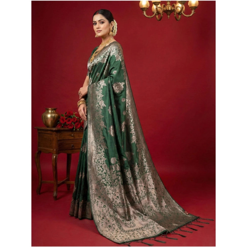 Women's Silk Blend Printed Saree With Unstitched Blouse 5.5Mtr (Dark Green)