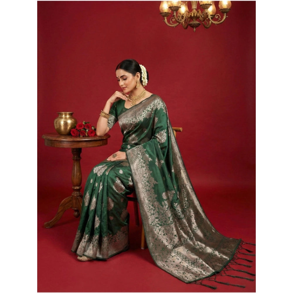 Women's Silk Blend Printed Saree With Unstitched Blouse 5.5Mtr (Dark Green)