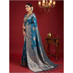 Women's Silk Blend Printed Saree With Unstitched Blouse 5.5Mtr (Teal Blue)