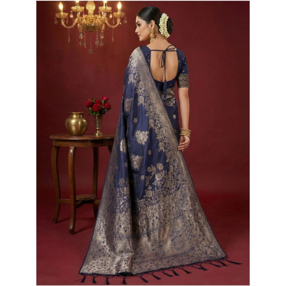 Women's Silk Blend Printed Saree With Unstitched Blouse 5.5Mtr (Navy Blue)